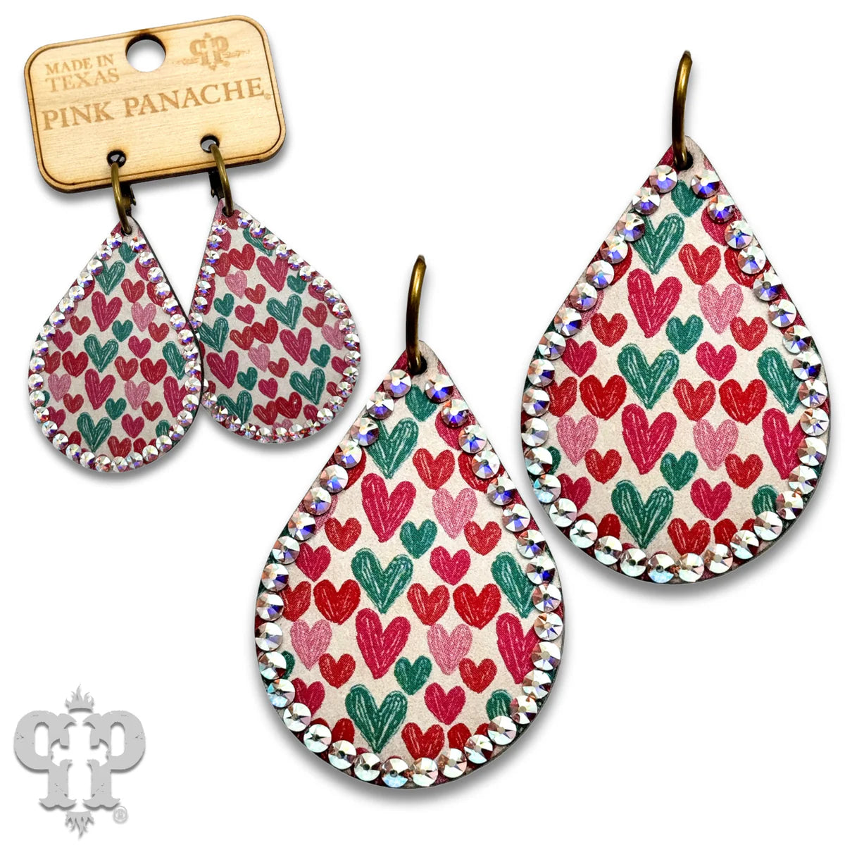 PINK PANACHE HEARTS RHINESTONE TEARDROP WOOD EARRINGS - E559PKAB