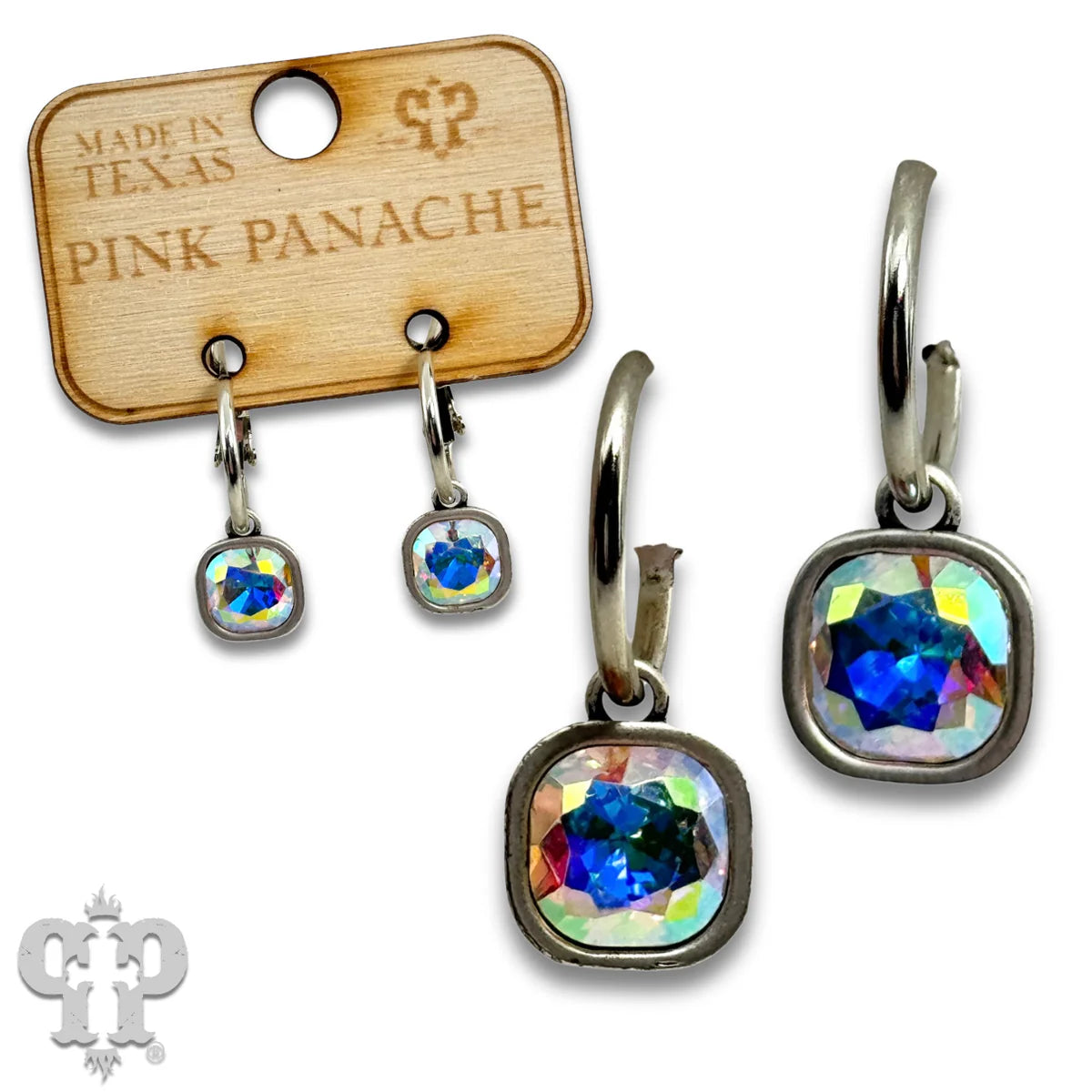 PINK PANACHE SILVER SQUARE AB STONE CHARM HOOP EARRING - E568SAB