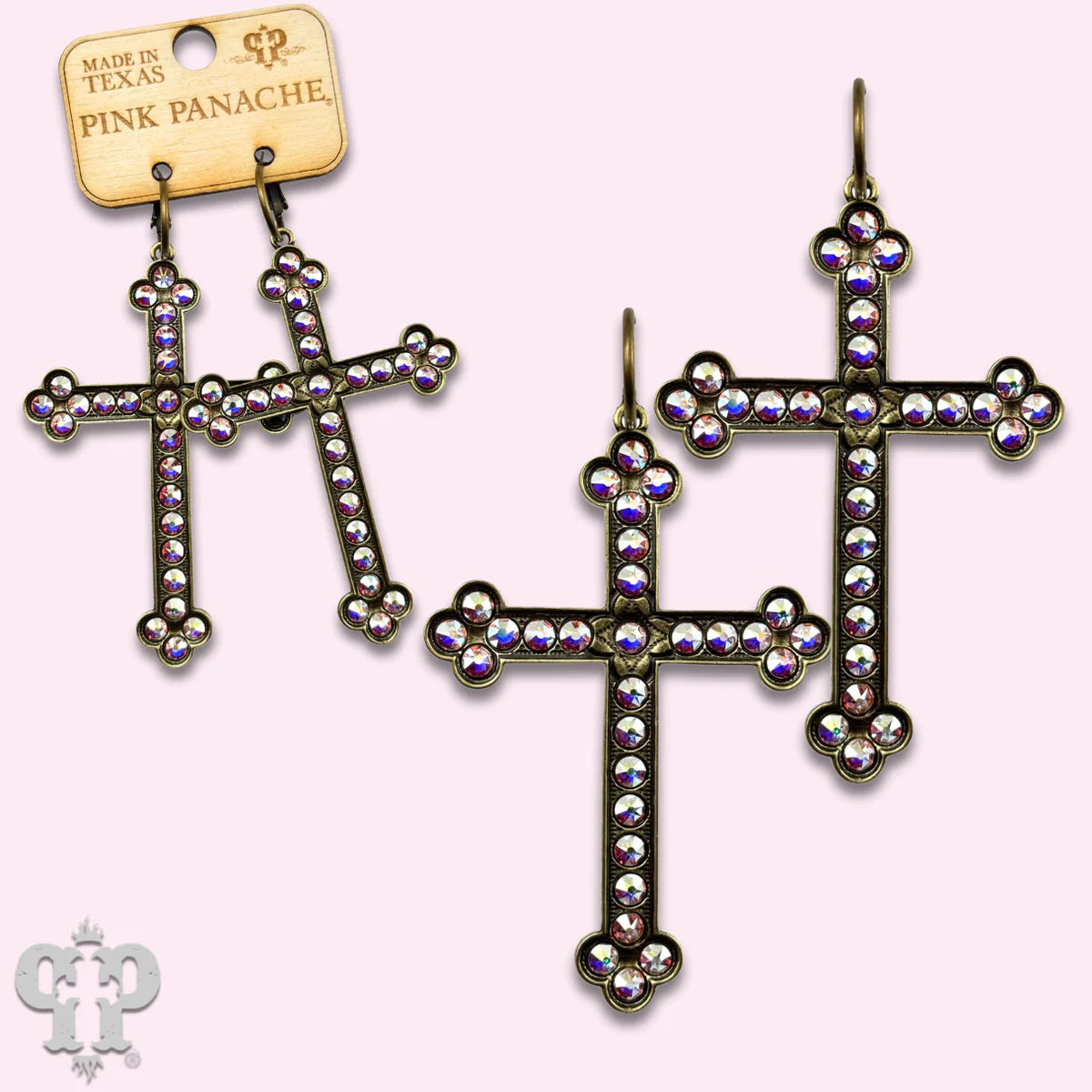 PINK PANACHE BRONZE AB STONE LARGE CROSS SMALL HOOP EARRINGS - E572BAB