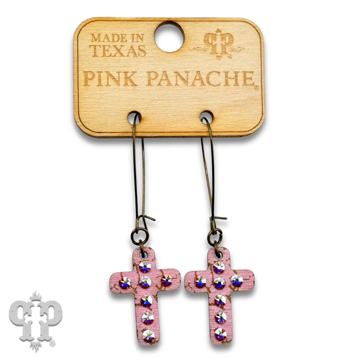 PINK PANACHE PINK MINI CROSS WOOD WITH CRYSTALS EARRINGS - E574PK