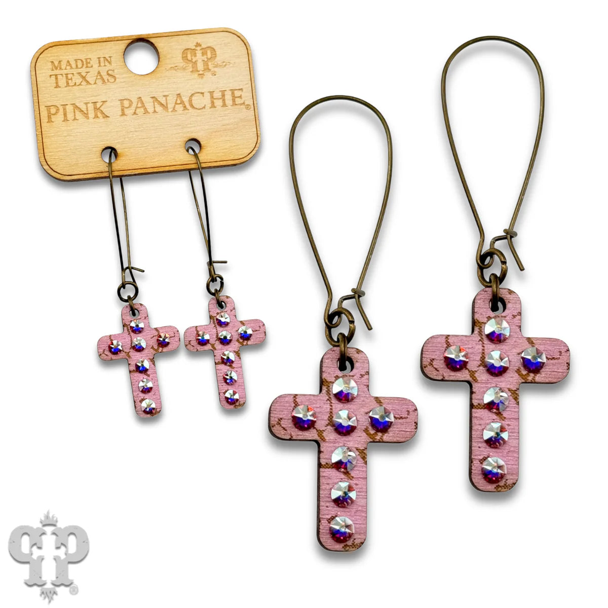PINK PANACHE PINK MINI CROSS WOOD WITH CRYSTALS EARRINGS - E574PK