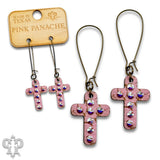 PINK PANACHE PINK MINI CROSS WOOD WITH CRYSTALS EARRINGS - E574PK