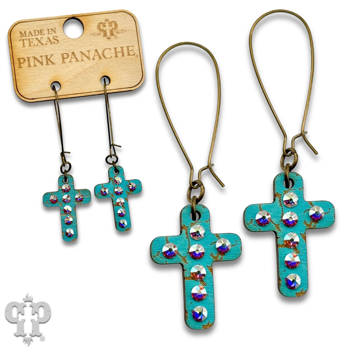 PINK PANACHE TURQUOISE MINI CROSS WOOD WITH CRYSTALS EARRINGS - E574TQ