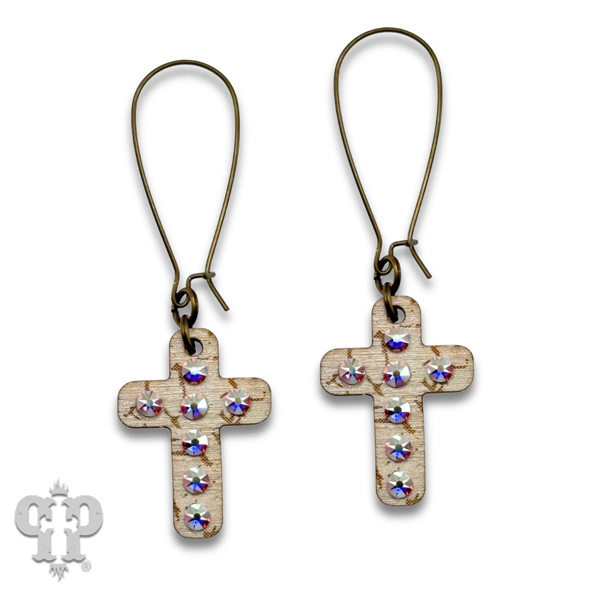 PINK PANACHE WHITE MINI CROSS WOOD WITH CRYSTALS EARRINGS - E574WH