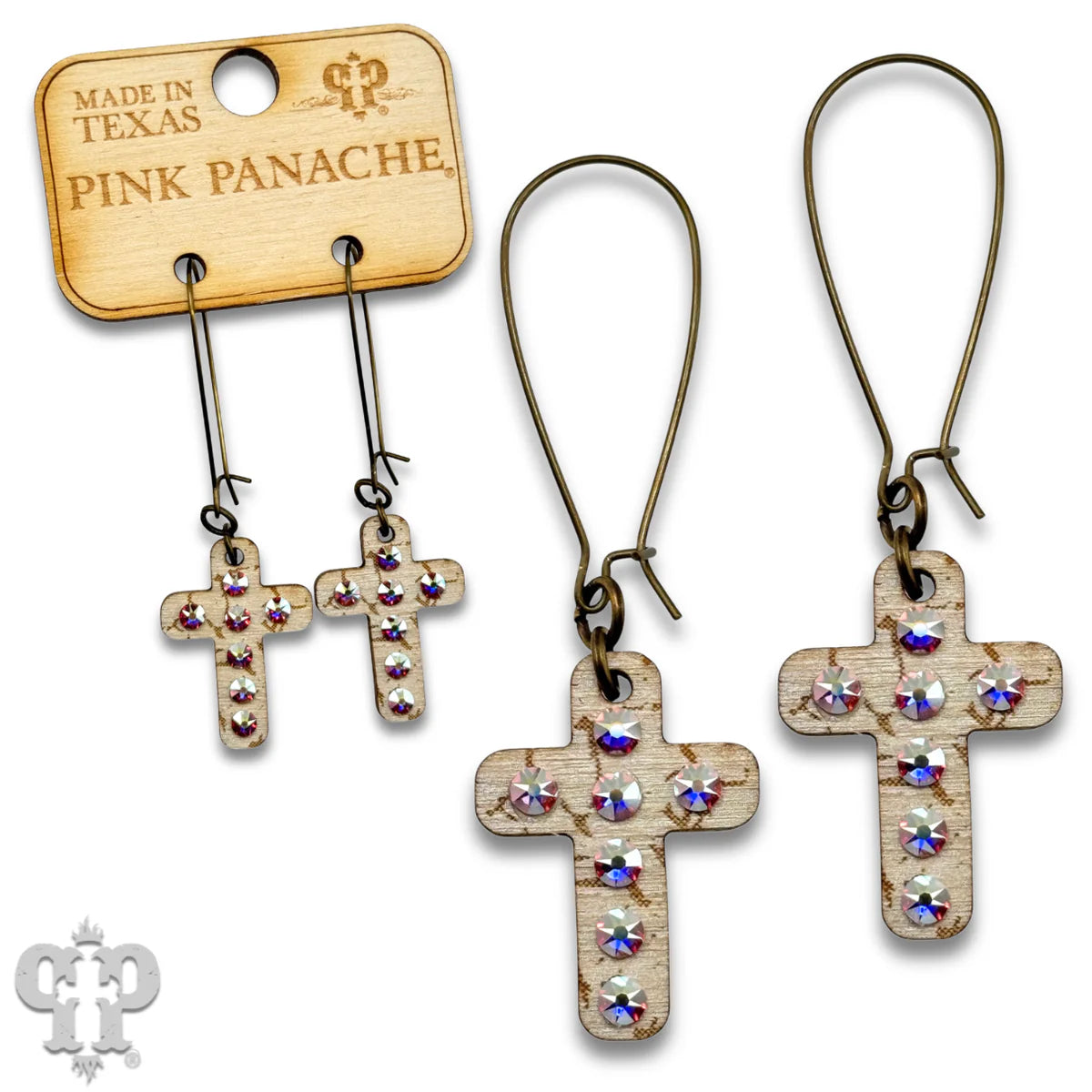 PINK PANACHE WHITE MINI CROSS WOOD WITH CRYSTALS EARRINGS - E574WH