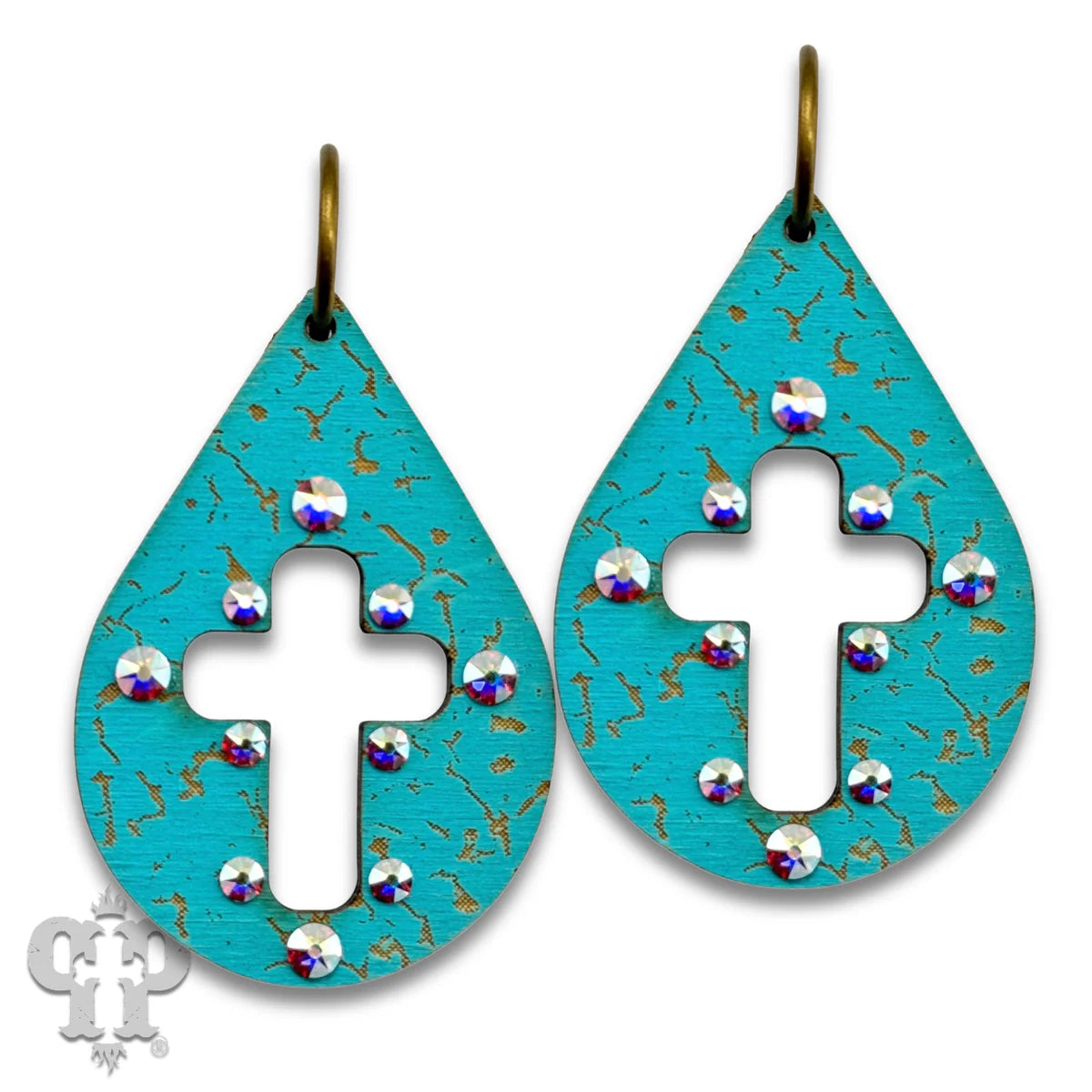 PINK PANACHE TURQUOISE LASER CUT CROSS TEARDROP SMALL HOOP EARRINGS - E575TQ