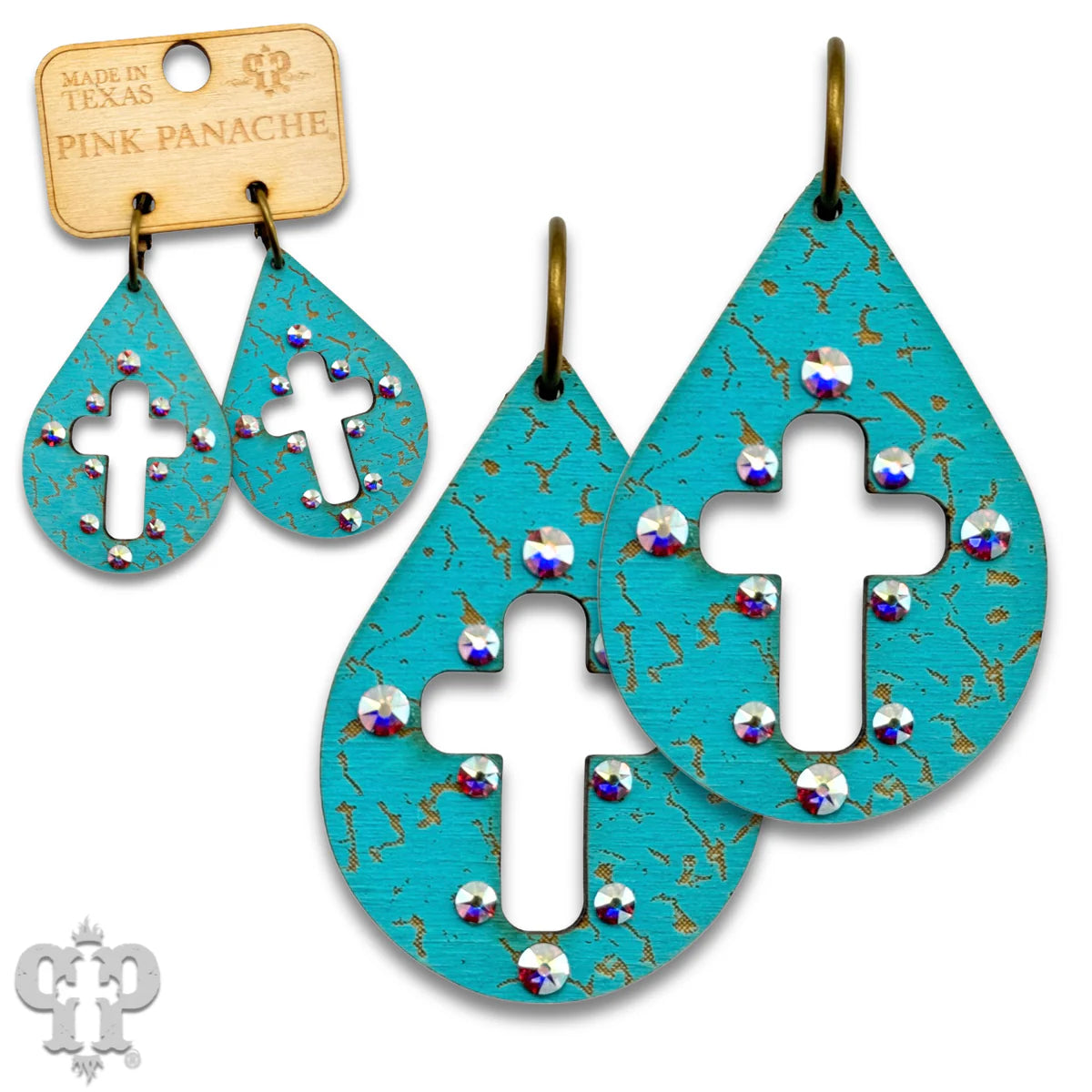 PINK PANACHE TURQUOISE LASER CUT CROSS TEARDROP SMALL HOOP EARRINGS - E575TQ