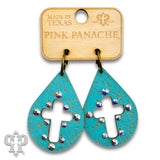 PINK PANACHE TURQUOISE LASER CUT CROSS TEARDROP SMALL HOOP EARRINGS - E575TQ