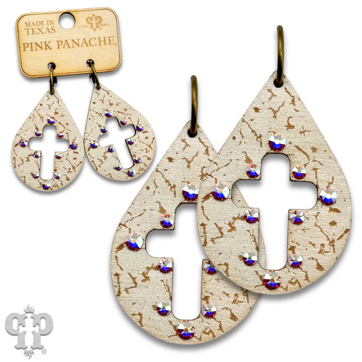 PINK PANACHE WHITE LASER CUT CROSS TEARDROP SMALL HOOP EARRINGS - E575WH