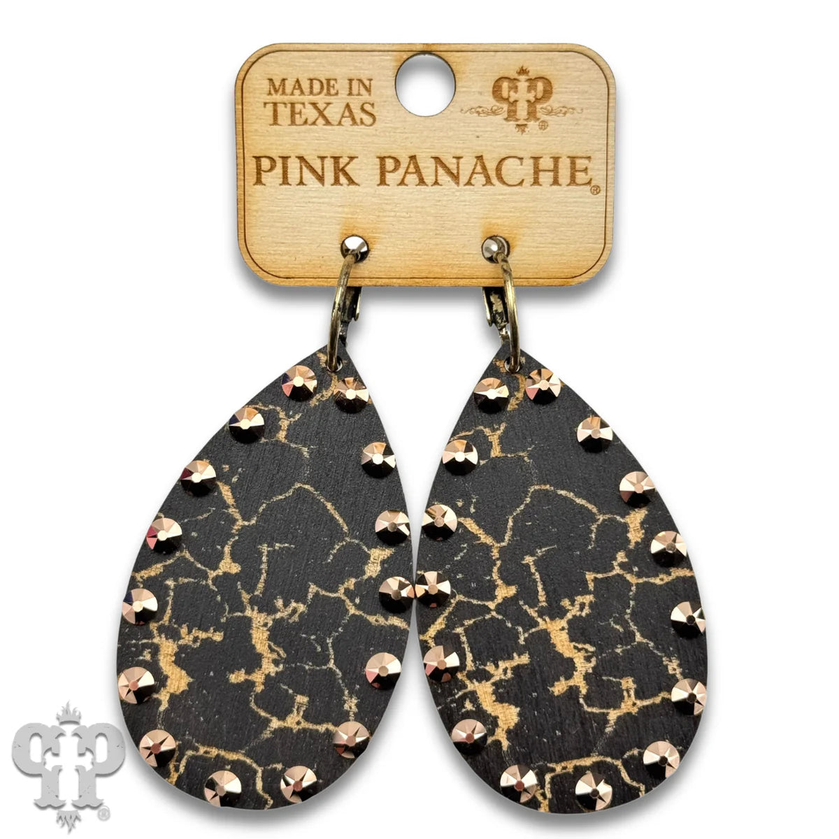 PINK PANACHE BLACK CRACKLE FINISH WOOD TEARDROP SMALL HOOP EARRING - E593BL