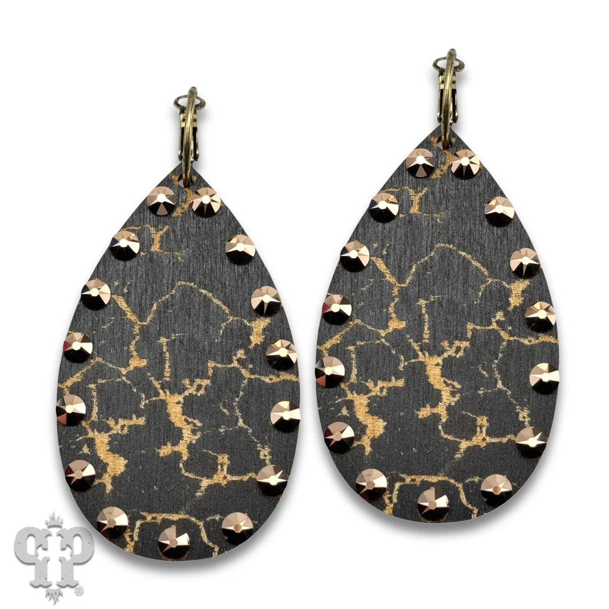 PINK PANACHE BLACK CRACKLE FINISH WOOD TEARDROP SMALL HOOP EARRING - E593BL