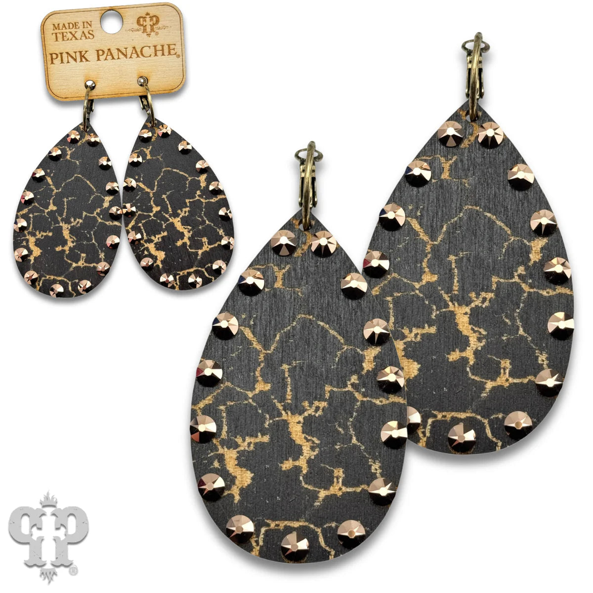 PINK PANACHE BLACK CRACKLE FINISH WOOD TEARDROP SMALL HOOP EARRING - E593BL