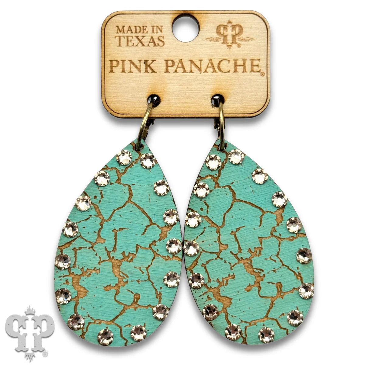 PINK PANACHE TURQUOISE CRACKLE FINISH WOOD TEARDROP SMALL HOOP EARRING - E593TQ