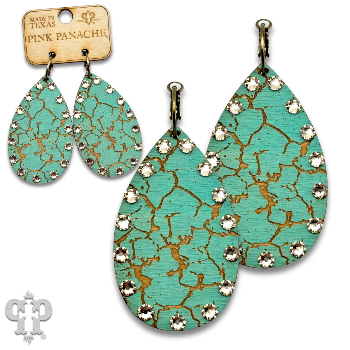 PINK PANACHE TURQUOISE CRACKLE FINISH WOOD TEARDROP SMALL HOOP EARRING - E593TQ