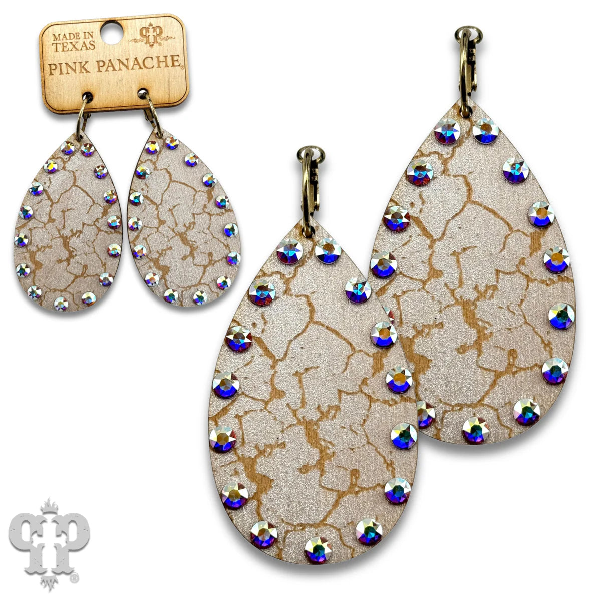 PINK PANACHE WHITE CRACKLE FINISH WOOD TEARDROP SMALL HOOP EARRING - E593WH