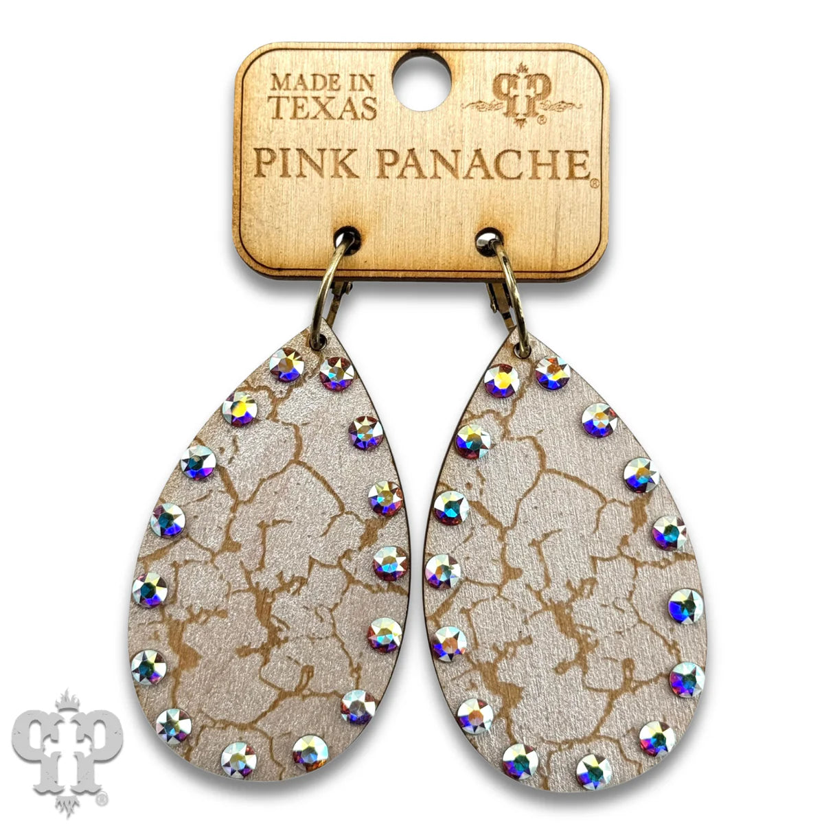 PINK PANACHE WHITE CRACKLE FINISH WOOD TEARDROP SMALL HOOP EARRING - E593WH