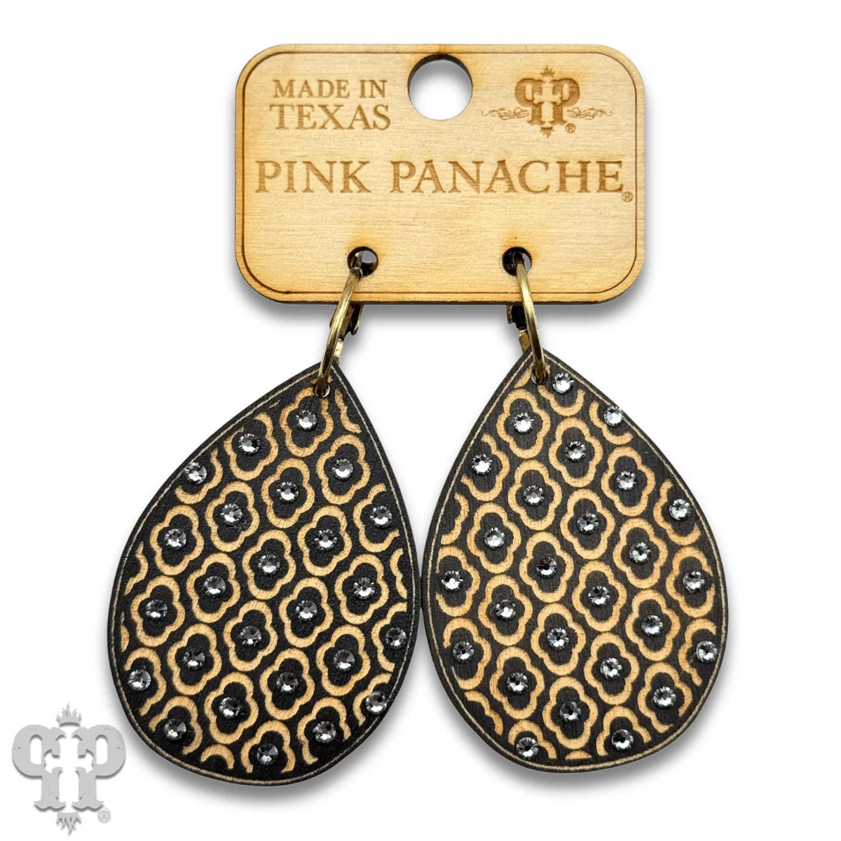PINK PANACHE BLACK WOOD TEARDROP PATTERNED SMALL HOOP EARRING - E594BL
