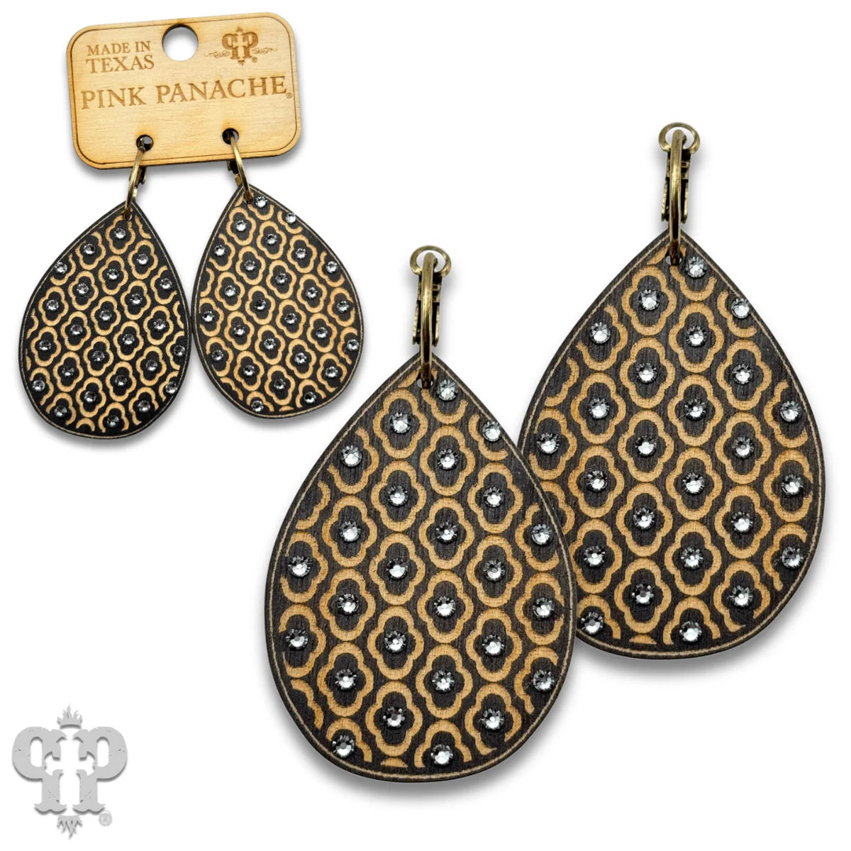 PINK PANACHE BLACK WOOD TEARDROP PATTERNED SMALL HOOP EARRING - E594BL