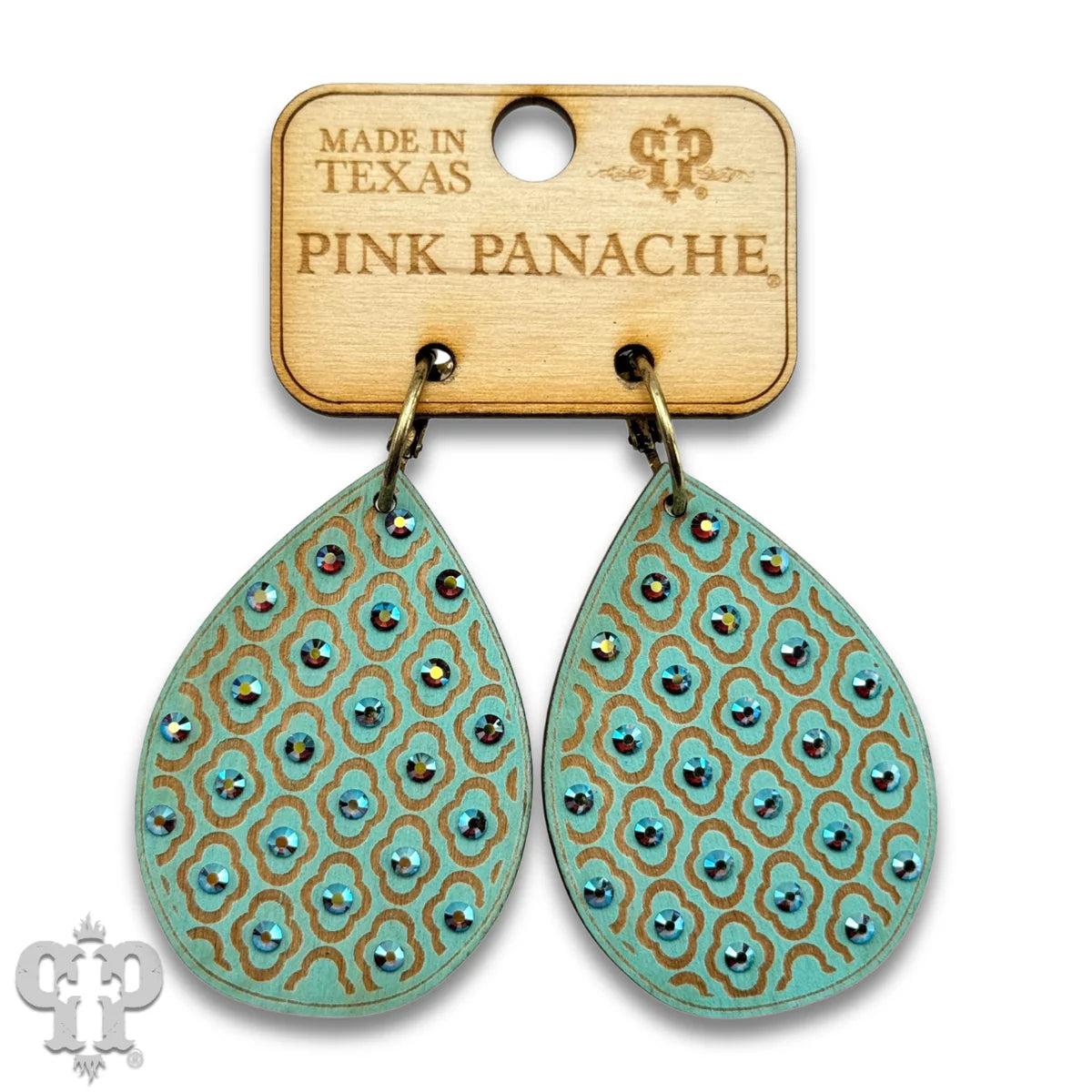 PINK PANACHE TURQUOISE WOOD TEARDROP PATTERNED SMALL HOOP EARRING - E594TQ