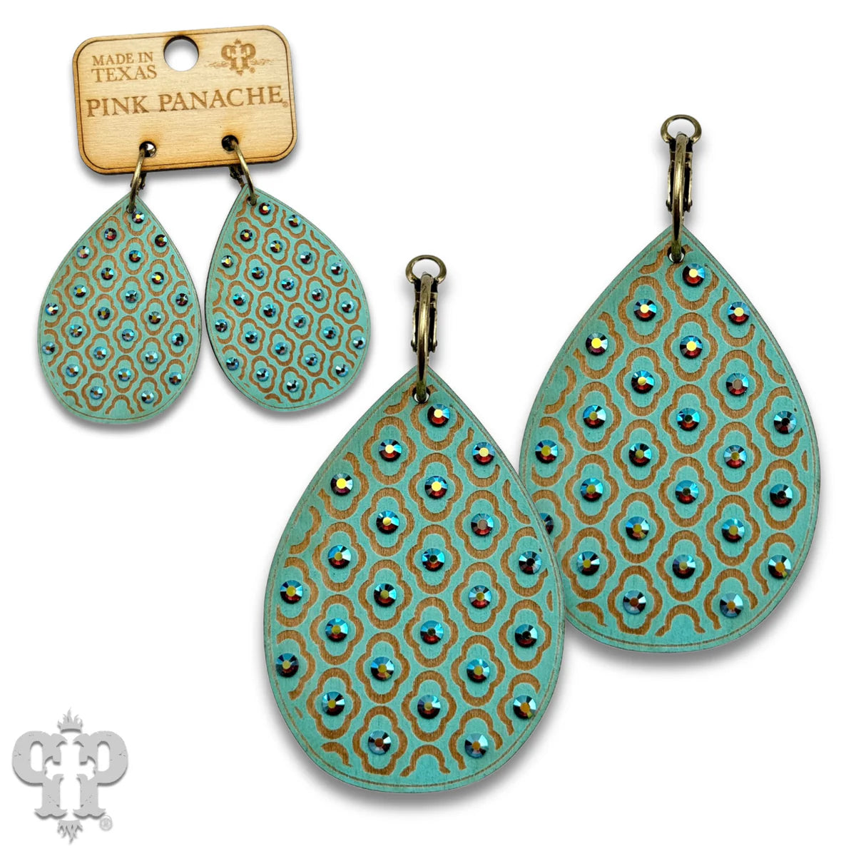 PINK PANACHE TURQUOISE WOOD TEARDROP PATTERNED SMALL HOOP EARRING - E594TQ