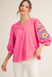 EMBROIDERY ACCENT BUTTON DOWN TOP - HOT PINK