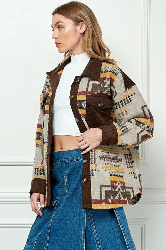 BROWN CONTRAST PATTERN CORDUROY SHACKET