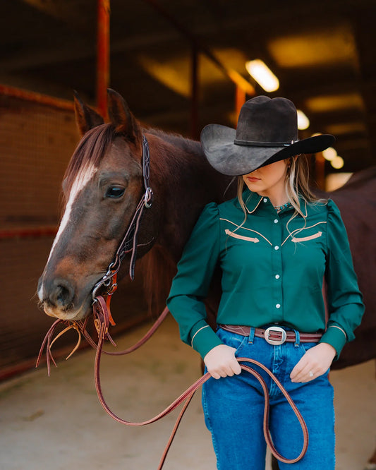 WOMEN'S FOREST GREEN LONG SLEEVE PEARL SNAP SHIRT