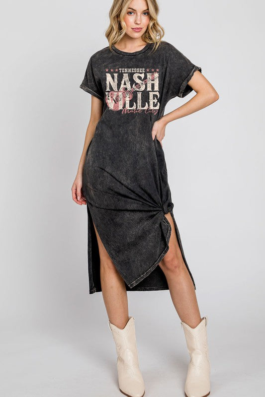 NASHVILLE MUSIC CITY GRAPHIC DRESS - MINERAL WASH BLACK