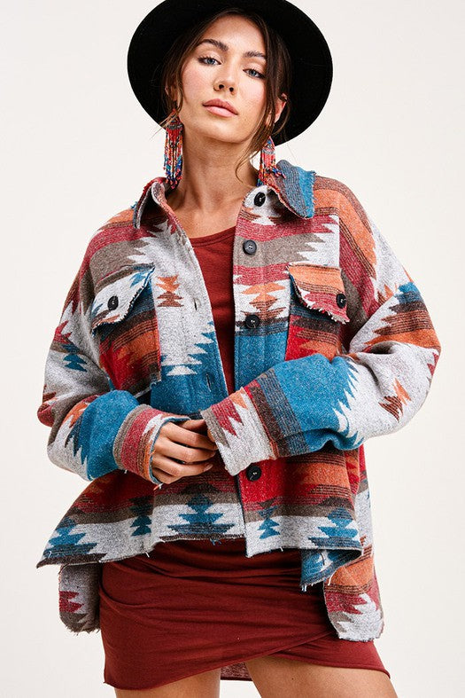 WOMEN AZTEC BUTTON DOWN TEAL SHACKET