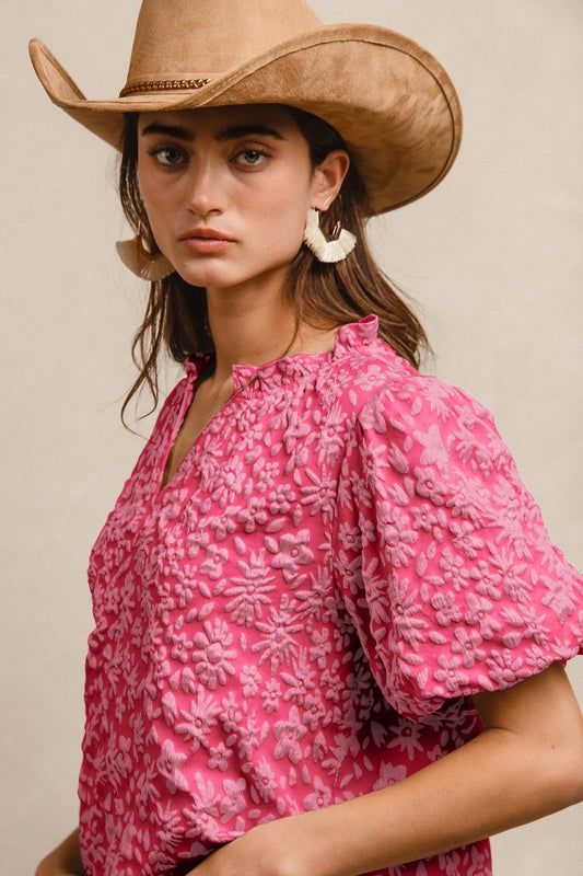 FLORAL PATTERN TEXTURED BALLON SLEEVES V NECK TOP - FUCHSIA