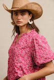 FLORAL PATTERN TEXTURED BALLON SLEEVES V NECK TOP - FUCHSIA