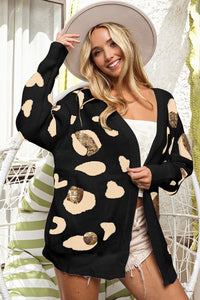 SEQUIN LEOPARD SWEATER CARDIGAN - BLACK