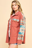 RUST CONTRAST AZTEC PATTERN SLEEVE CORDUROY SHACKET