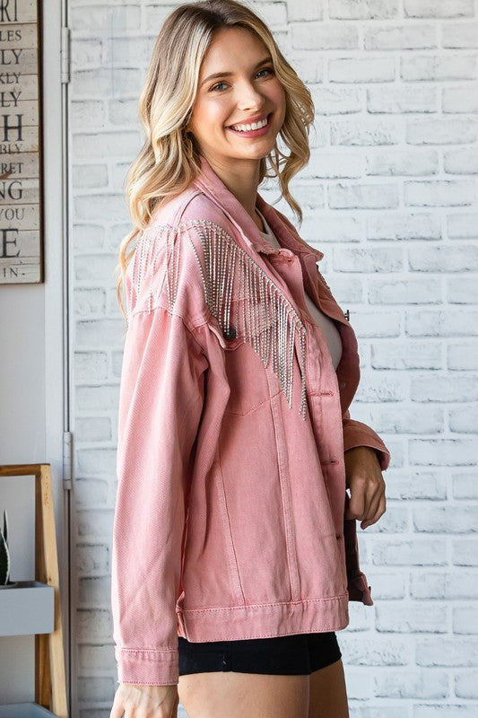 PINK RHINESTONE FRINGE OVERSIZE DENIM JACKET
