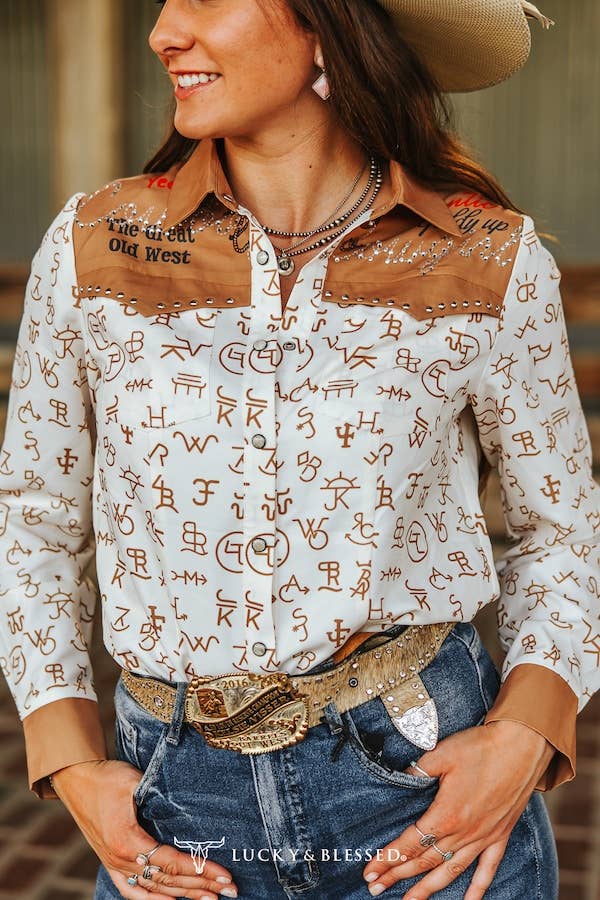BROWN BRANDED PRINTED BUTTON UP SHIRT WITH EMBROIDERY