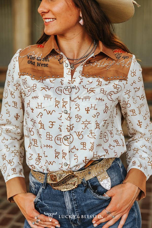 BROWN BRANDED PRINTED BUTTON UP SHIRT WITH EMBROIDERY