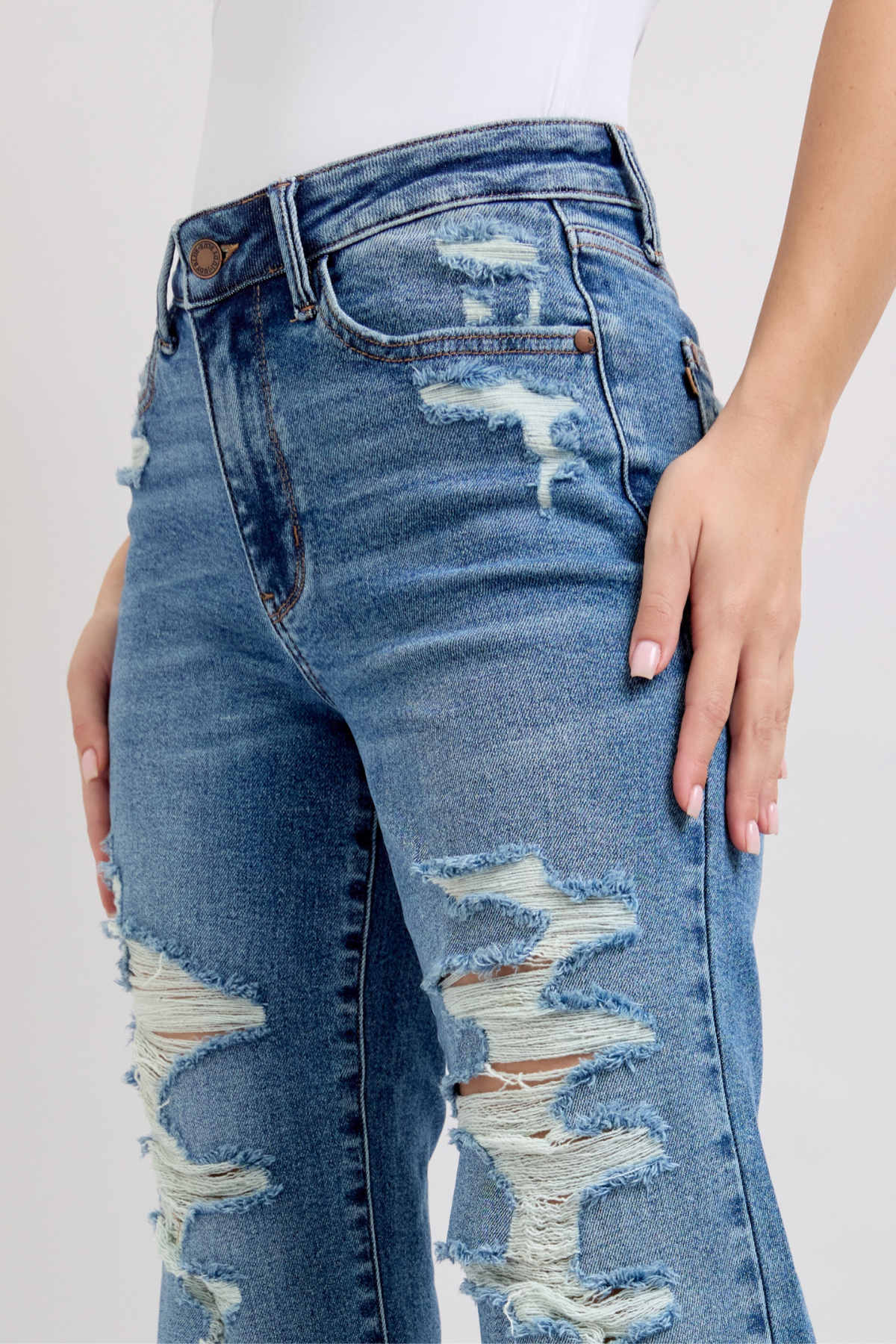 JUDY BLUE HIGH WAIST HEAVY DESTROY STRAIGHT JEAN - MEDIUM STONE