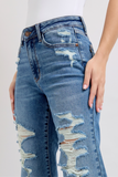 JUDY BLUE HIGH WAIST HEAVY DESTROY STRAIGHT JEAN - MEDIUM STONE