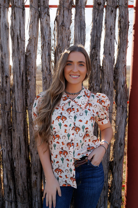 BUCKING HORSE COLLAR PUFF SHORT SLEEVE TOP