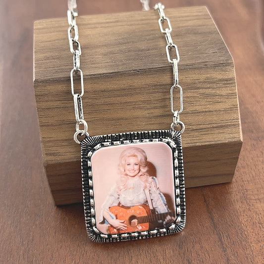 WESTERN RHINESTONE DOLLY PORTRAIT PENDANT NECKLACE
