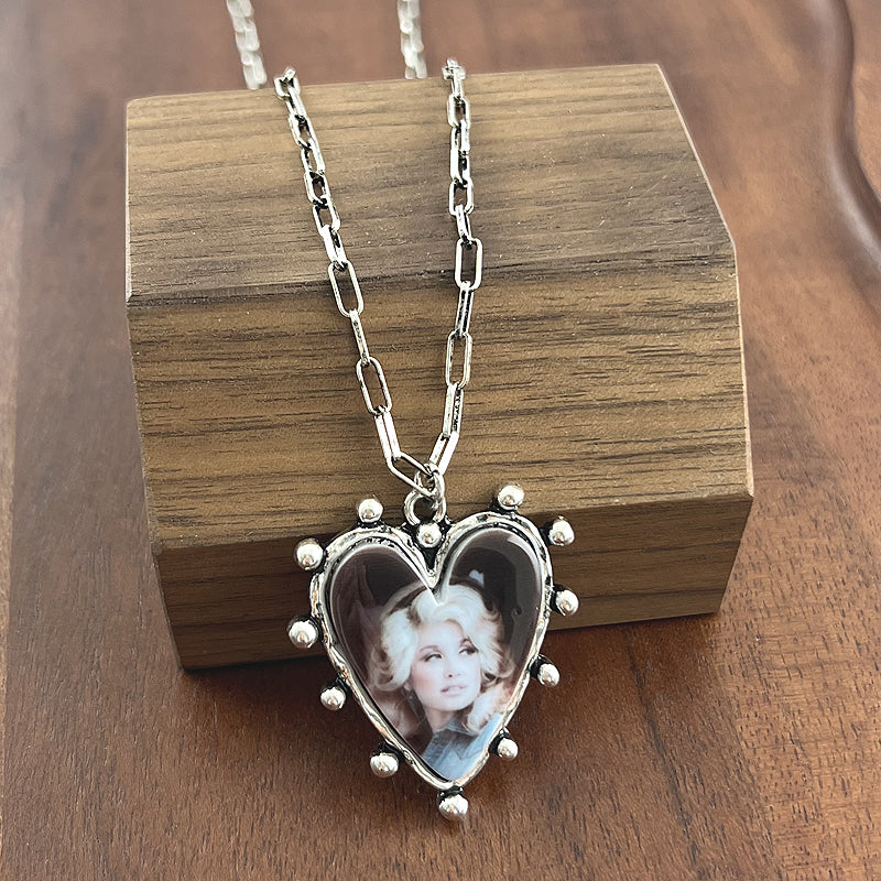 WESTERN DOLLY PORTRAIT HEART PENDANT NECKLACE