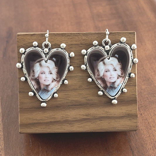 WESTERN DOLLY PORTRAIT HEART HOOK EARRINGS