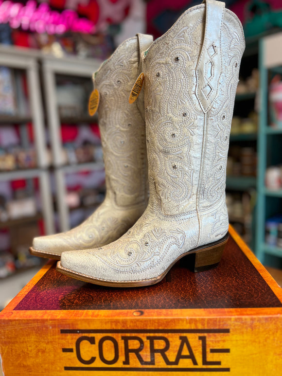 CORRAL WOMEN'S BONE CRYSTAL EMBROIDERED WHITE SNIP TOE BOOT - Z5123