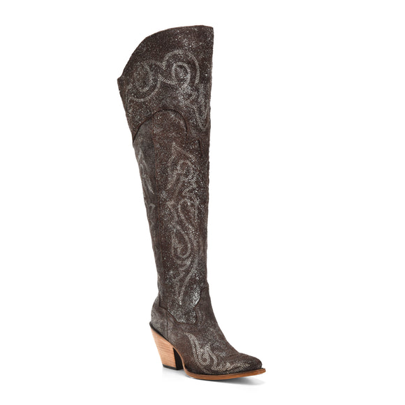 CORRAL WOMEN'S TALL BROWN- SILVER METALLIZED LEATHER WESTERN SNIP TOE BOOT - Z5242