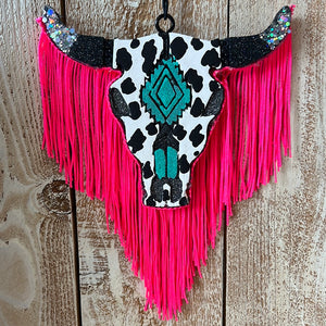COW SKULL COW PRINT WITH TURQUOISE AZTEC CENTER FRINGE FRESHIE