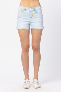 JUDY BLUE HEATHER MID RISE BLEACHED SPLATTERED SHORTS