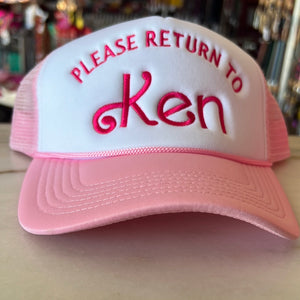 PLEASE RETURN TO KEN LIGHT PINK AND WHITE TRUCKER MESH CAP