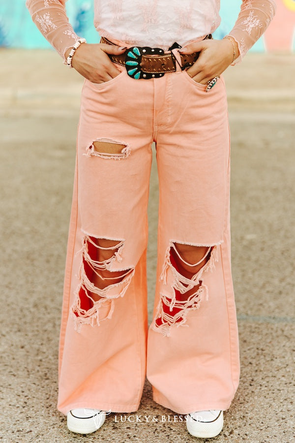 PINK STRETCH DENIM HIGH RISE TROUSER DISTRESSED JEANS (32IN INSEAM)