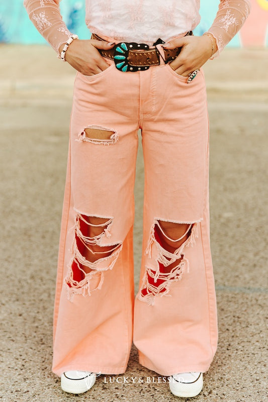 PINK STRETCH DENIM HIGH RISE TROUSER DISTRESSED JEANS (32IN INSEAM)
