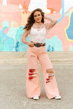 PINK STRETCH DENIM HIGH RISE TROUSER DISTRESSED JEANS (32IN INSEAM)